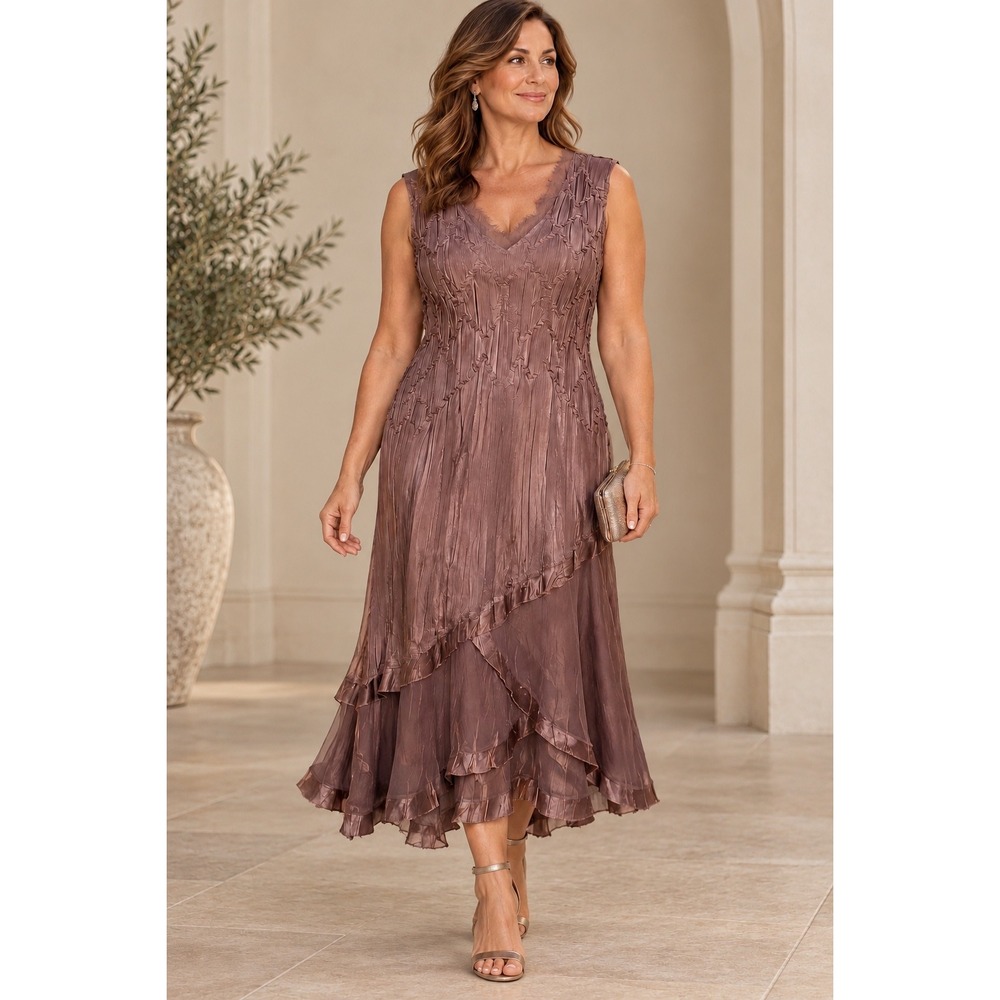 KOMAROV Crinkle Pleat Dress L Sleeveless Wedding Event Y2K Mauve Purple USA